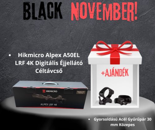 Hikmicro Alpex A50EL LRF 4K Digitális Éjjellátó Céltávcső + AJÁNDÉK -> Gyorsoldású Acél Gyűrűpár 30mm Közepes